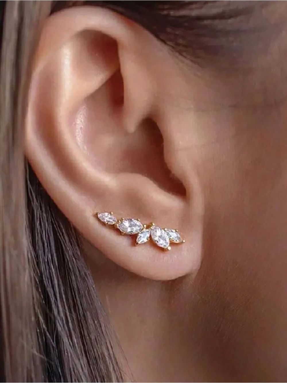 Gold Leaf Cubic Zirconia Ear Climber Earrings A2080